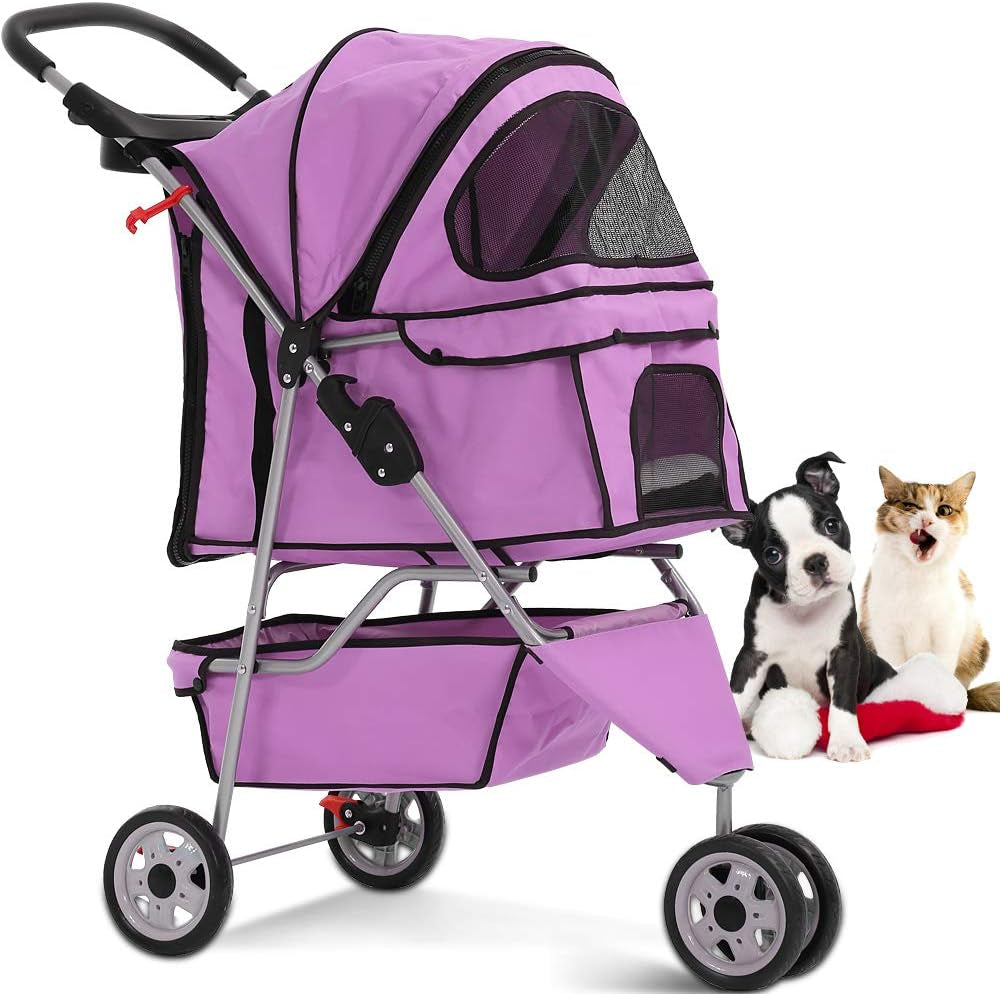 Dkeli 3-Wheel Pet Stroller, Lightweight Foldable Dog Stroller for Small Medium Dogs & Cats, Breathable Mesh & Weather Cover with Storage Basket, for Daily Walk Outdoor Travel (Black)