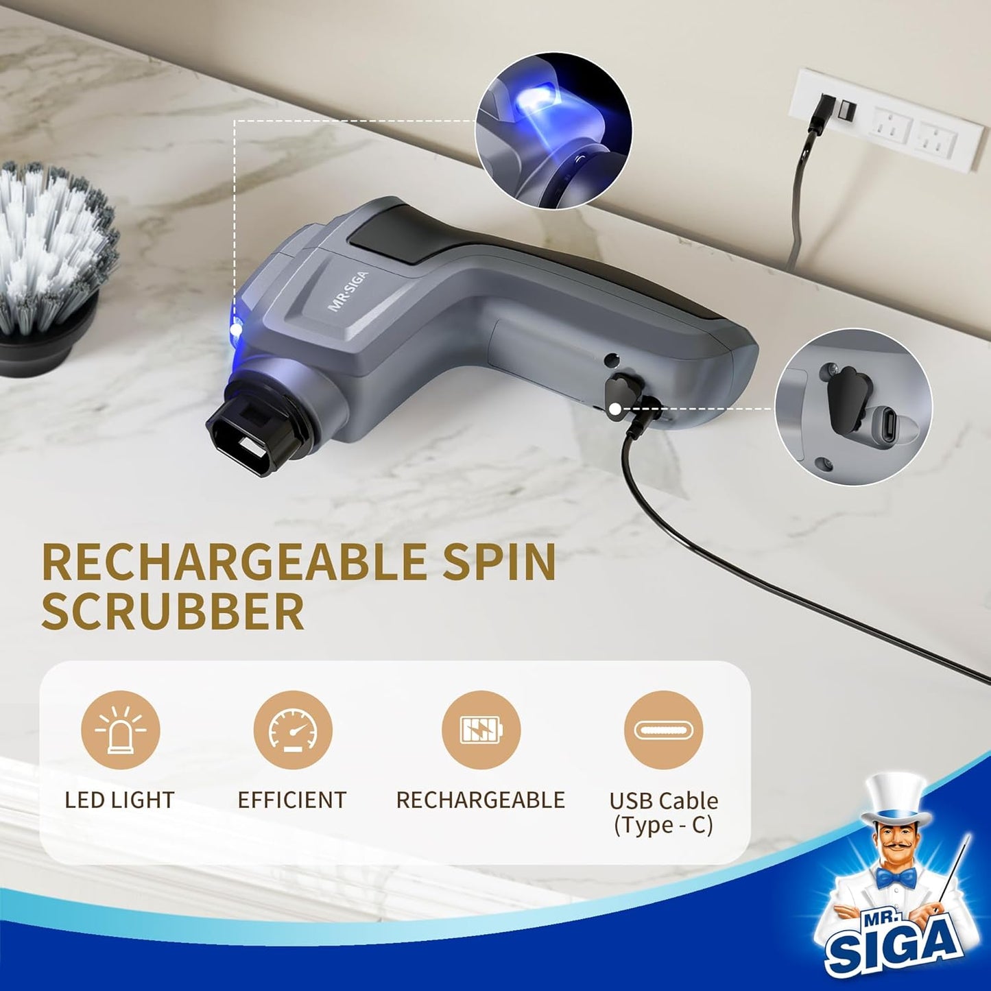 MR.SIGA Electric Spin Scrubber for Kitchen and Bathroom Cleaning, Waterproof Rechargeable Cordless Spin Scrubber with 5 Replaceable Cleaning Brushes and Pads