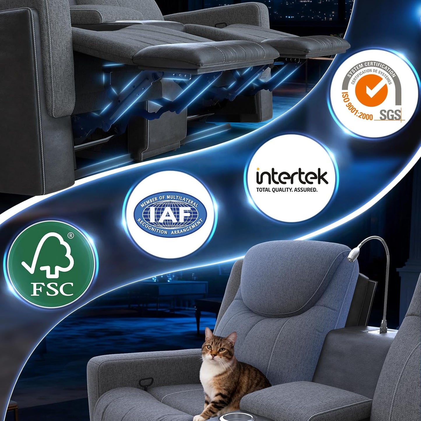 Duitrc Manual Loveseat Recliner Sofa, Home Theater Seating with Touch Reading Light, Console with Cup Holders & Storage, USB Ports, 2 Seater Reclining Couch for Living Room, RV, Home Theater