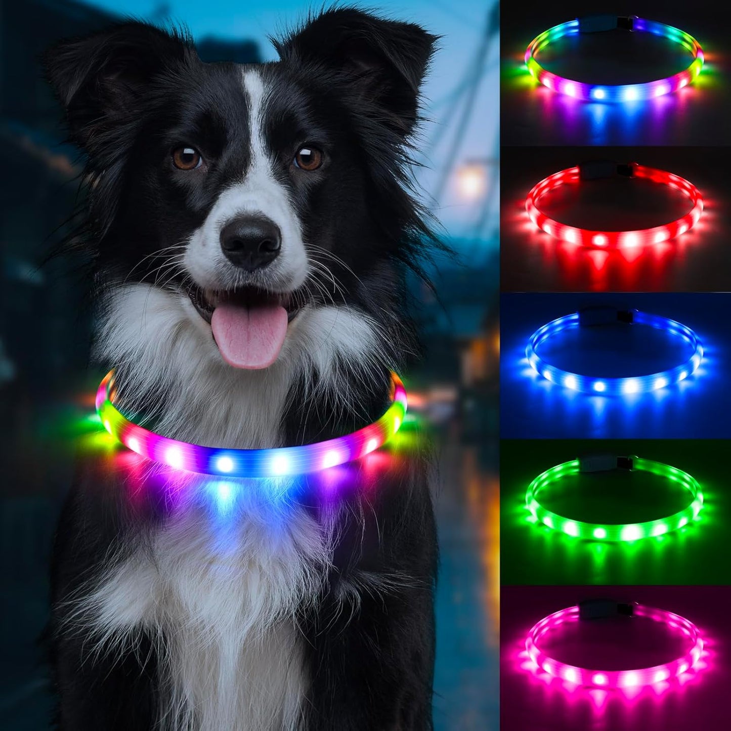 Flashseen LED Dog Collar, USB Rechargeable Glowing Lighted up Collar, Cuttable Water-Resistant TPU Safety Collar Lights for Small Medium Large Dogs