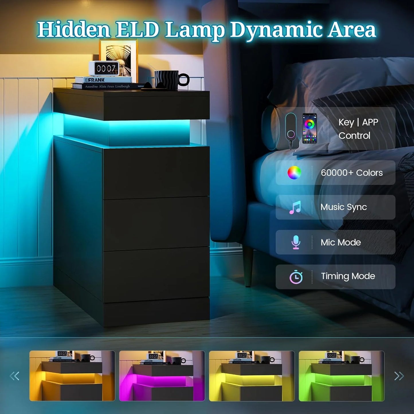 Bedroom Nightstand Charging Station LED Lights Sliding Top Drawers