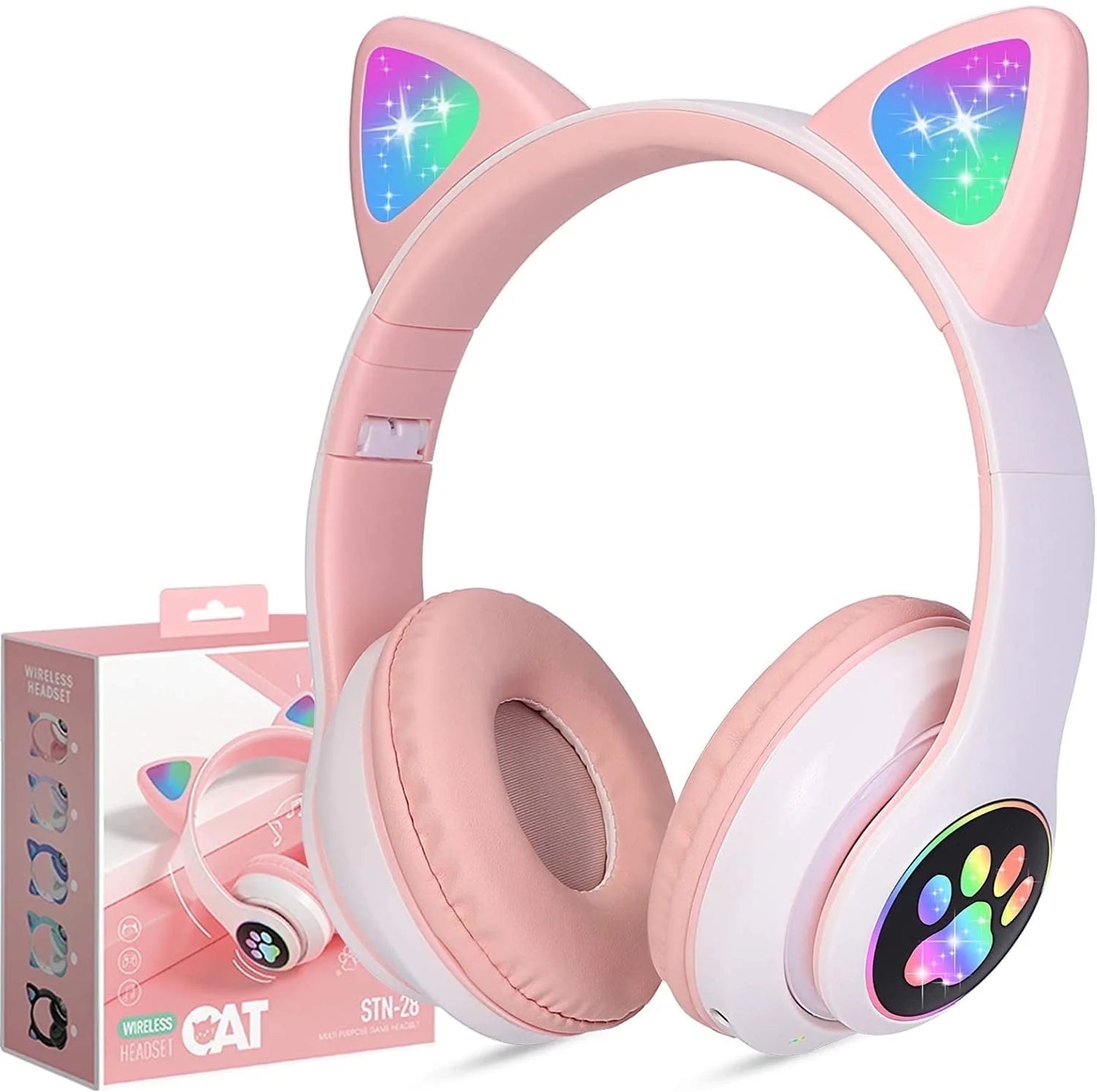 TCJJ Kids Headphones, Cat Ear Wireless Headphones, LED Light up Kids Bluetooth Headphones over on Ear W/Microphone for Phone