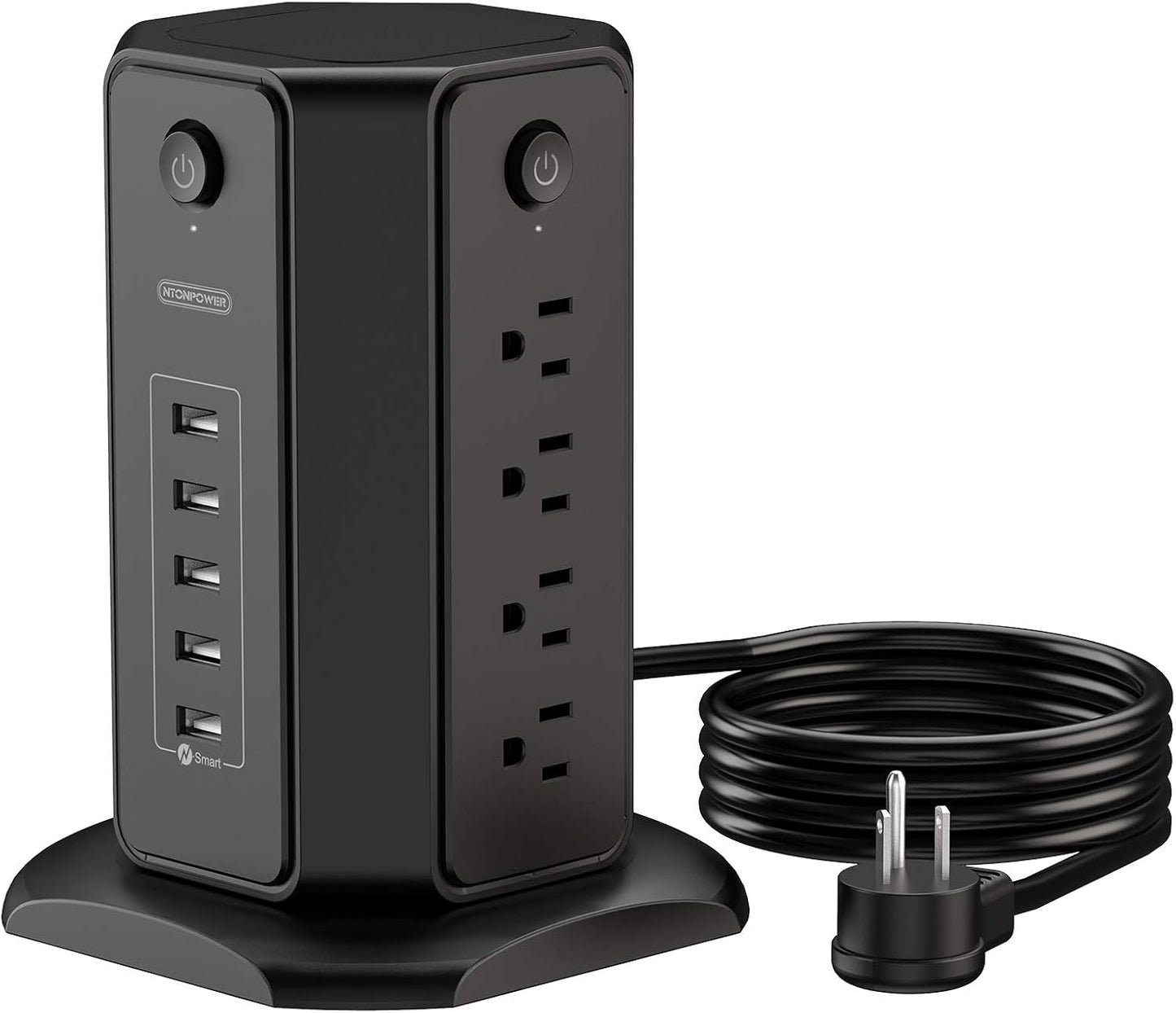 Power Strip Tower Surge Protector, NTONPOWER 8 Outlet 5 USB Desktop Charging Station 1625W 13A, 6Ft Extension Cord Flat Plug, Individual Switches, 1080 Joules, Overload Protection for Home Office