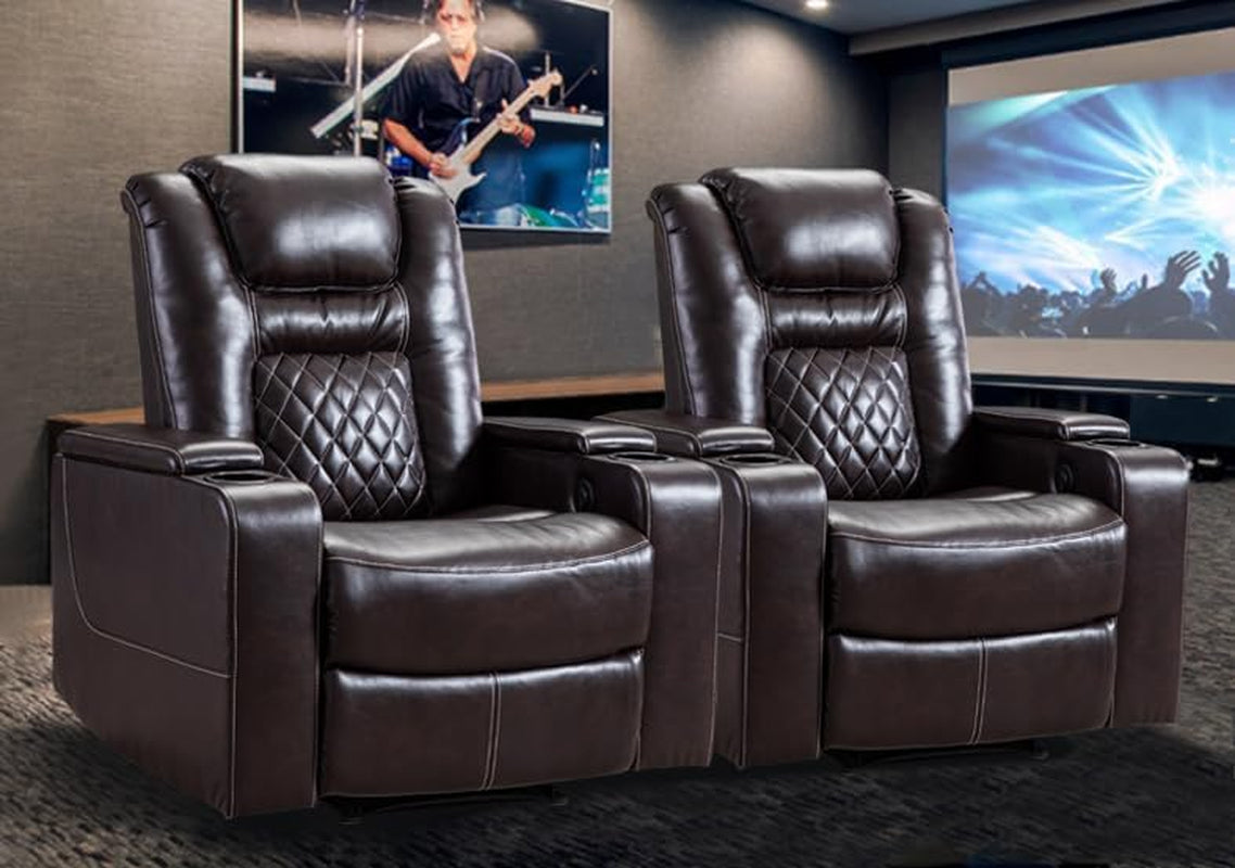 CANMOV Electric Power Recliner Chair with USB Ports and Cup Holders, Breathable Leather Home Theater Seating with Hidden Arm Storage (Black)