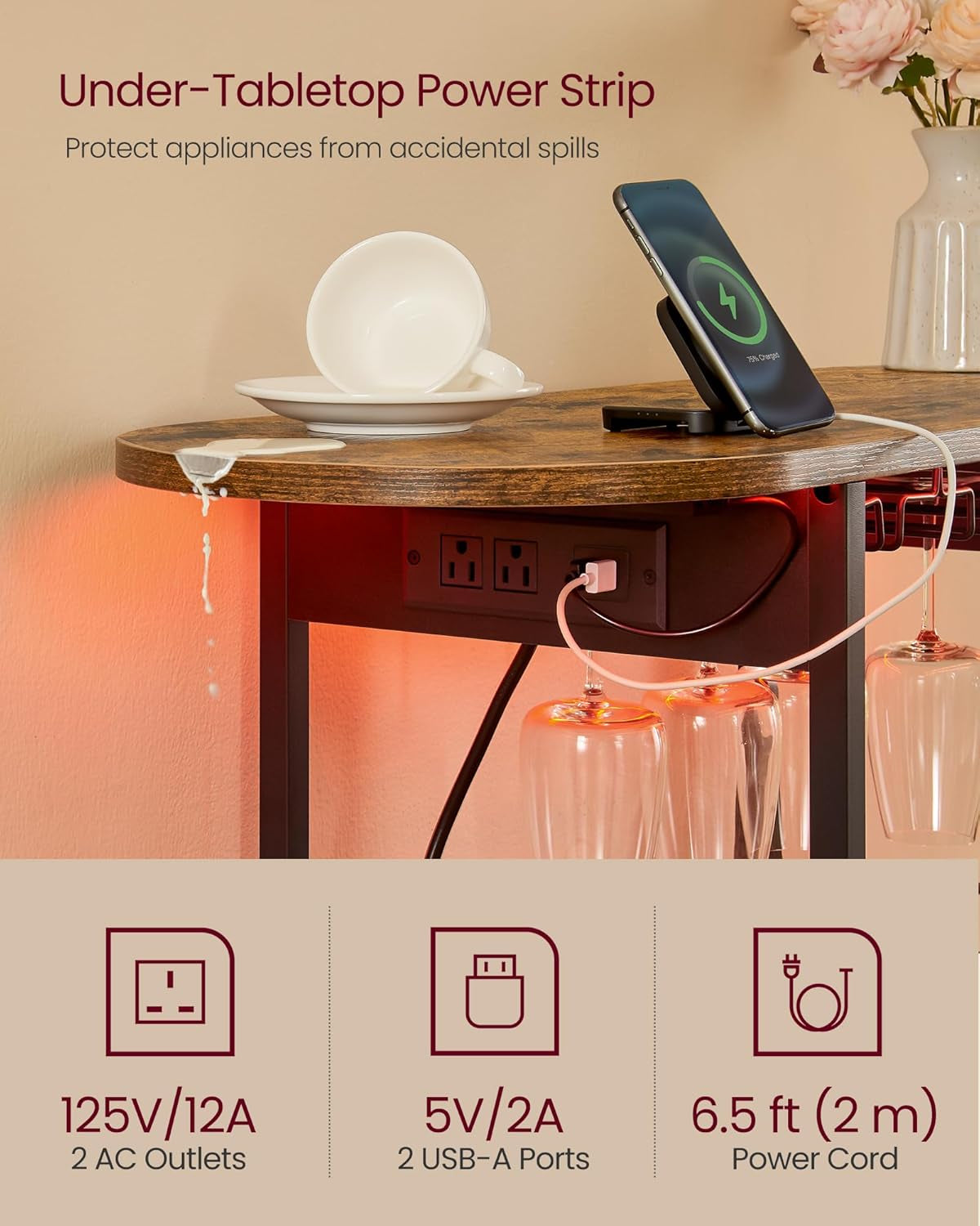 VASAGLE Bar Cabinet with LED Lights and Power Outlets, Freestanding Coffee Bar Wine Cabinet, Wine Rack, Glass Holder, Mini Bar for Liquor and Glasses, Kitchen, Dining Room, Rustic Brown ULWR007K01S