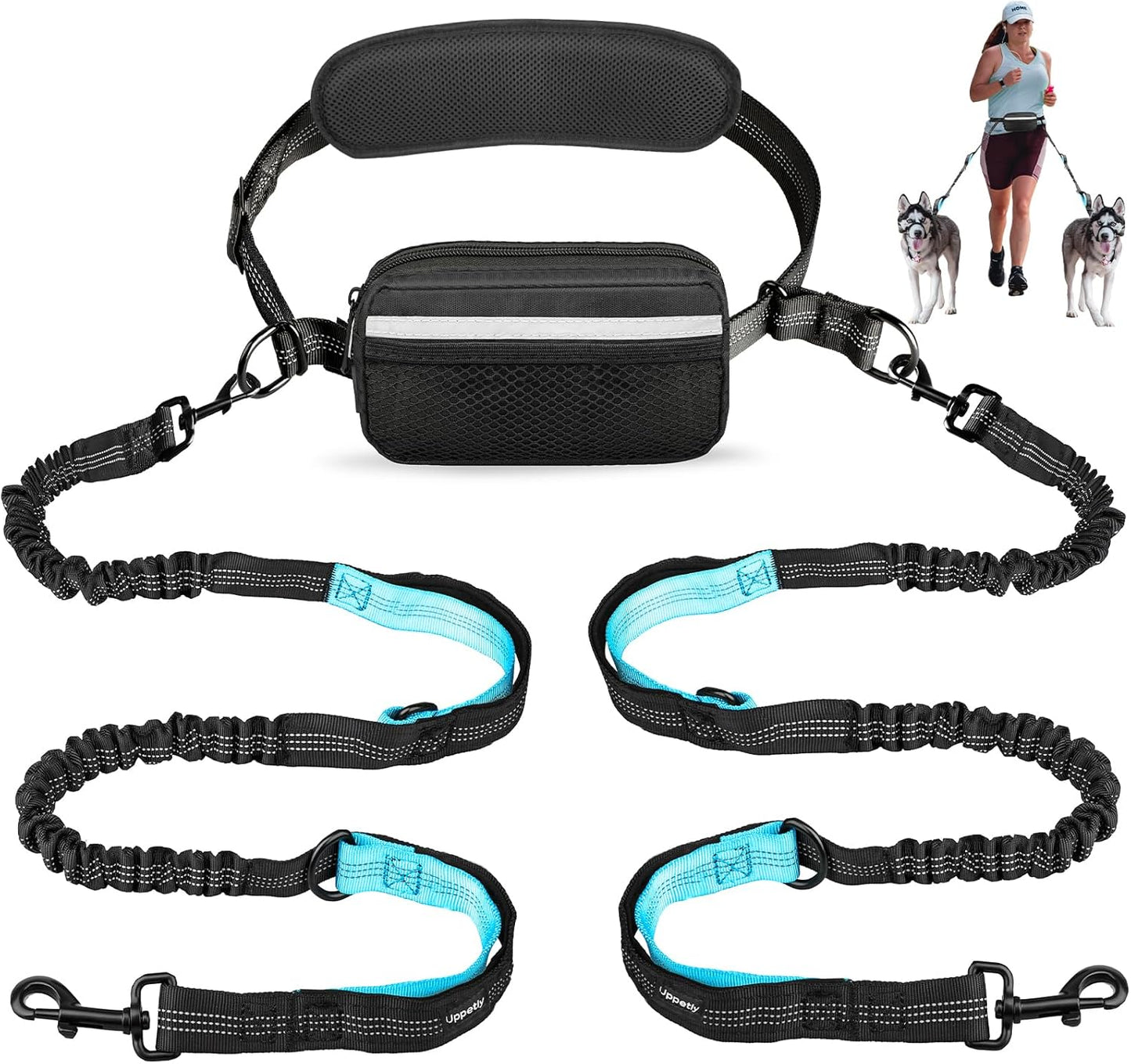 Uppetly Hands Free Dog Running Leash with Waist Belt, Dual Handle Elastic Bungees Retractable Rope for Medium and Large Dogs, Reflective Stitches for Walking Hiking Biking (Large Pink, 25-120Lb