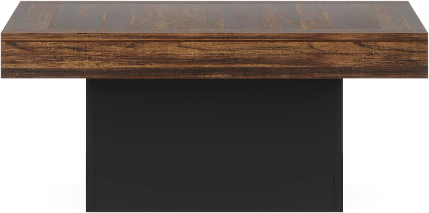 Tribesigns Coffee Table Square LED Coffee Table Engineered Wood Low Center Cocktail Tables for Living Room (Rustic Brown+Black)