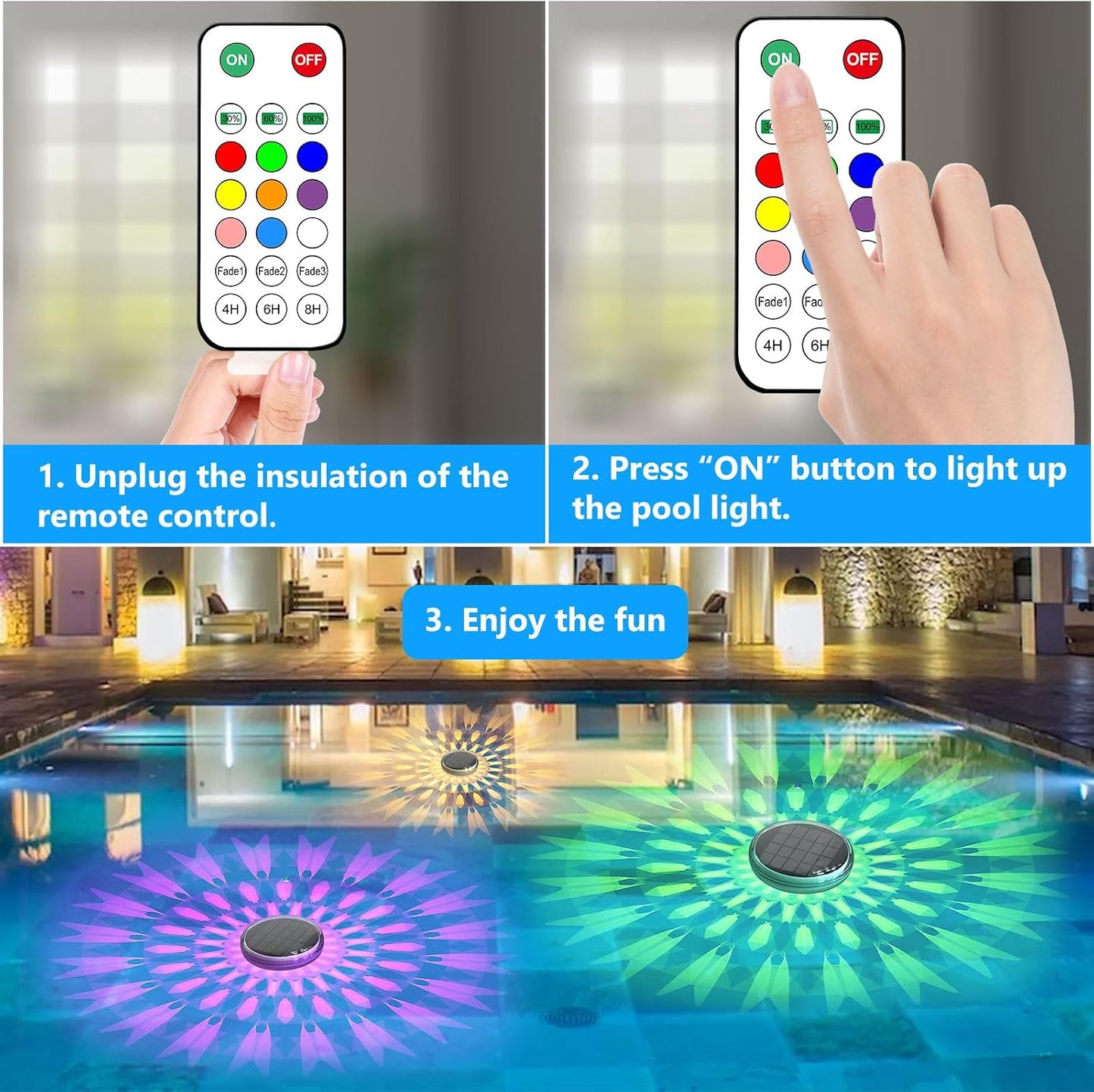 Solar Powered Floating Pool Lights(2 Pack), Pool Lights That Float with Remote Control, 12 Lighting, Timing Mode, IP67 Waterproof for Inground/Above Ground Pool, Pool Party, Bathroom, Bathtub, Garden