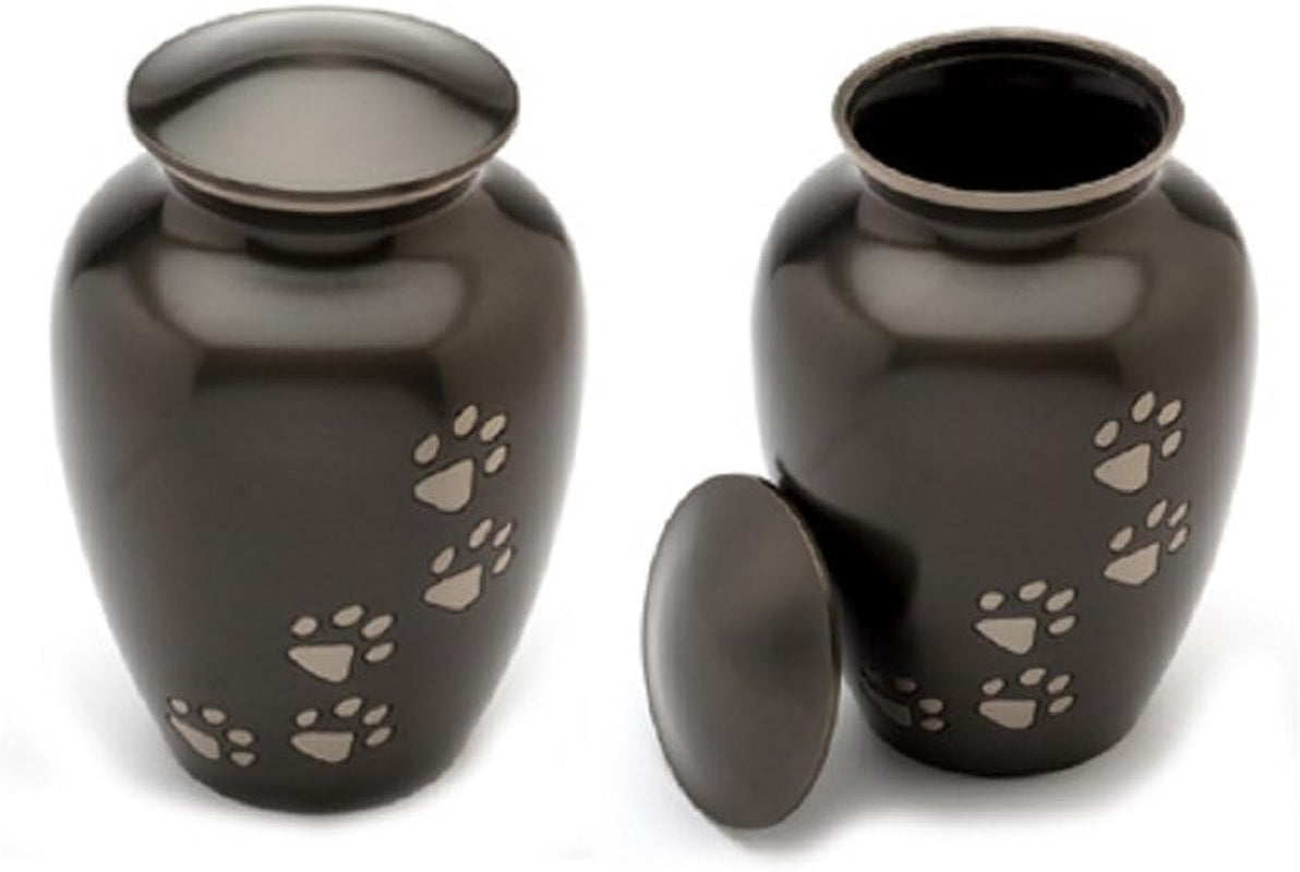 Ottillie Paws Legacy Series Pet Urn for Dogs and Cats, Handmade Brass Memorial Cremation Urn (Small - Pets up to 25 Lbs, Pewter, Vertical Brass Paws)