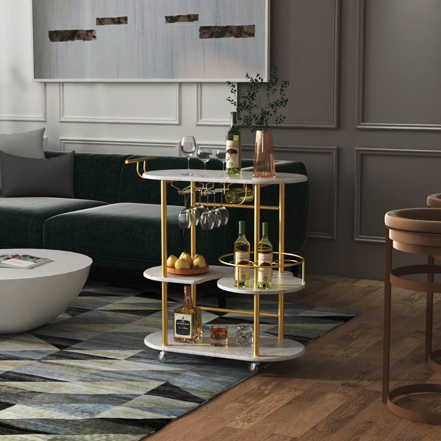 PAUKIN Gold Bar Carts with 4-Tier Storage Shelves, Mobile Bar Serving Cart with Wine Rack and Glass Holder, for the Home, Kitchen, Living Room, Dining Room