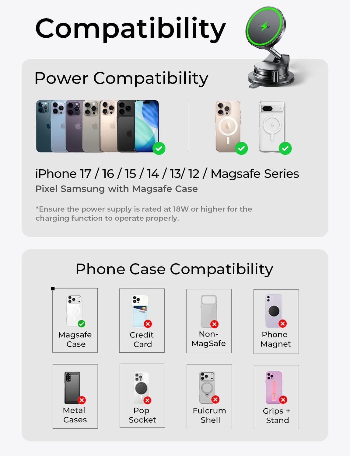 LISEN 15W Magsafe Car Mount Charger, Suction Cup Phone Mount, Magnetic Wireless Car Charger, Vacuum Magnetic Phone Holder Car Mount for Iphone 17 Pro Max 16 15 14 13 12, Samsung S26/S25, Pixel 10 Pro