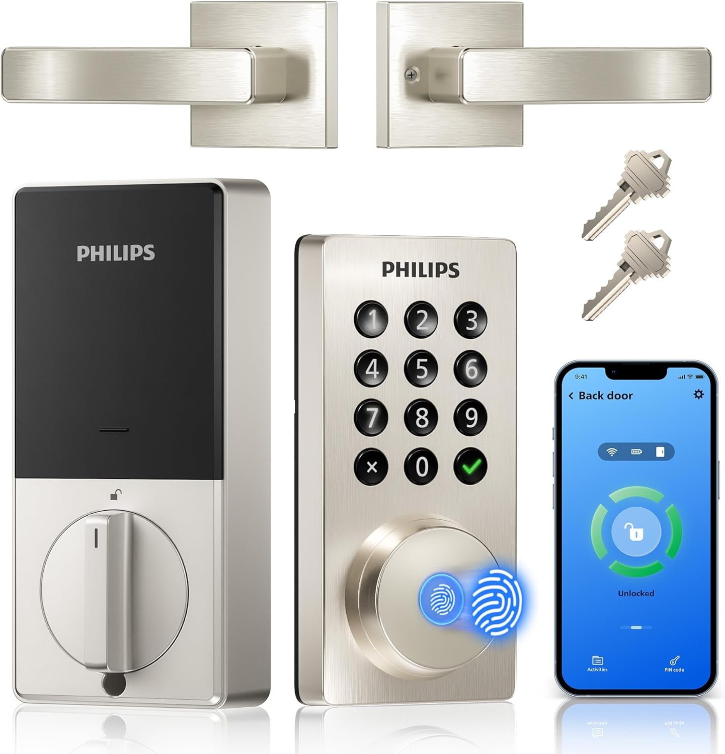 Philips Wifi Keypad Door Lock with Handle, Built-In Wifi, APP Remote Control, Voice & Fingerprint Unlock, Smart Locks for Front Door with Auto Lock, Digital Front Door Lock Set, Keyless Entry Deadbolt