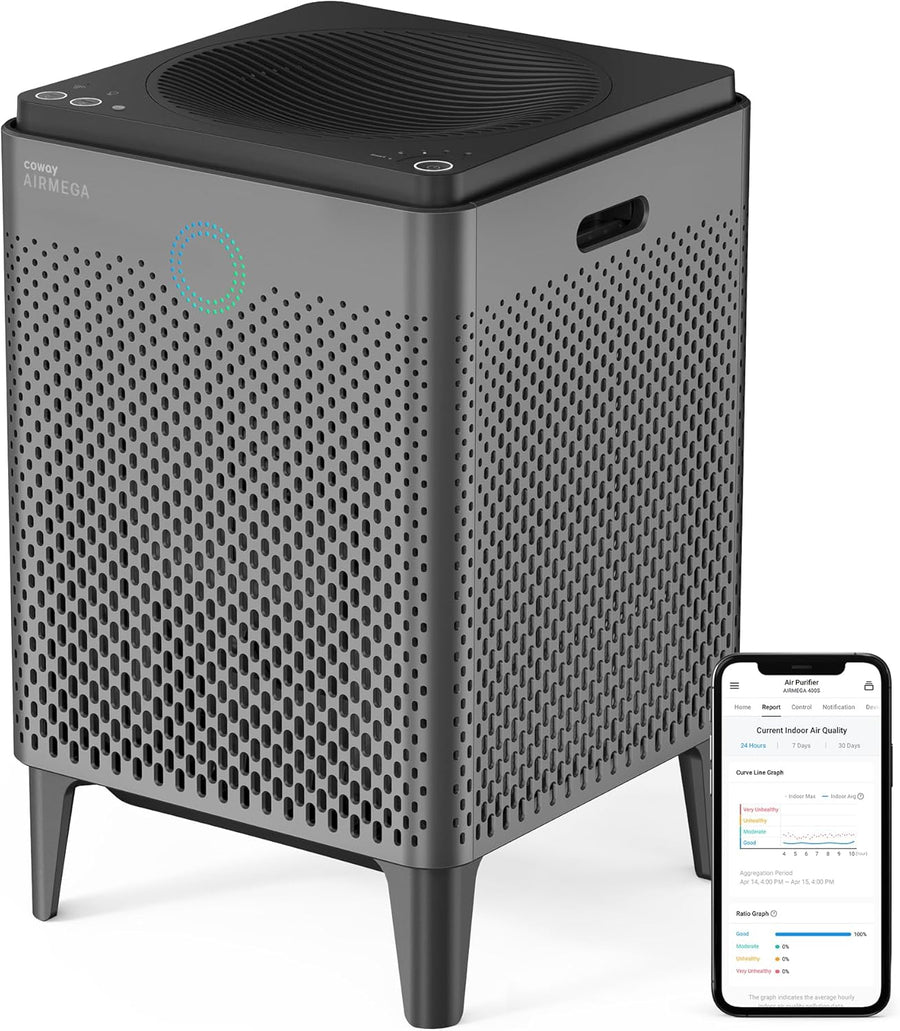 COWAY Air Purifier for Large Room Whole Home up to 3,120Ft², HEPA Filter for Smoke, Allergies, Pet Dander, Odor, App-Enabled, AQI, Smart Mode, Timer, 5Yr Warranty, Airmega 400S Graphite
