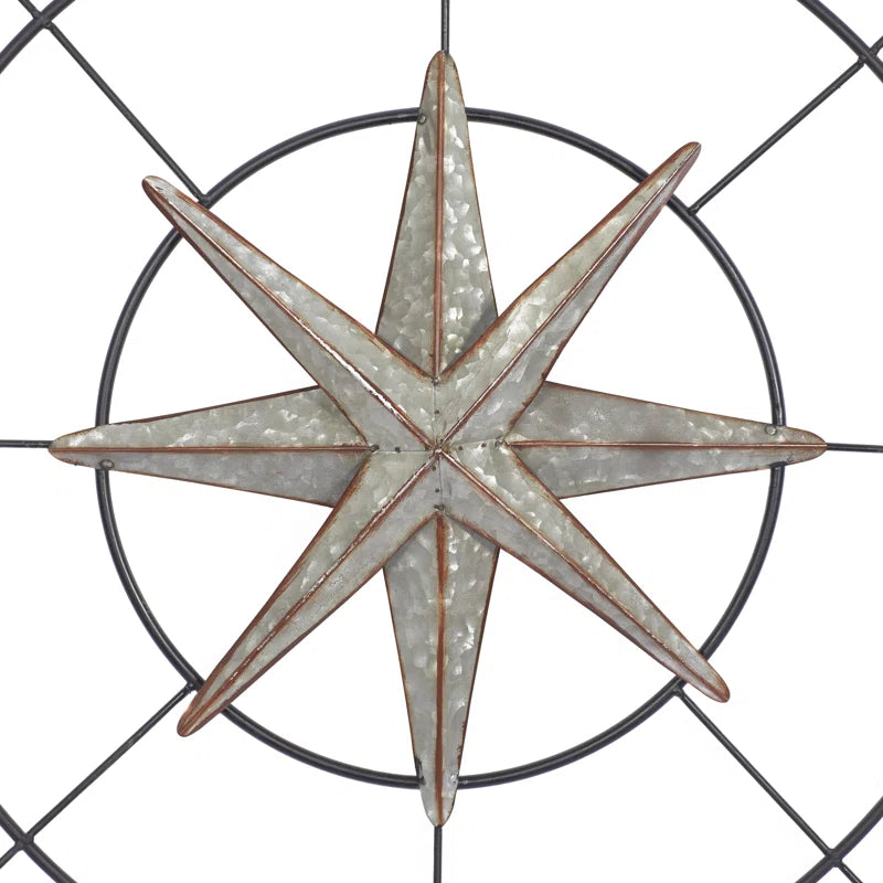 Metal Indoor Outdoor Compass Home Gray Wall Decor with Distressed Copper like Finish