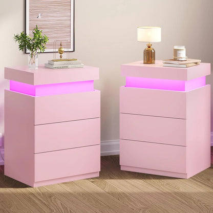 Bedroom Nightstand Charging Station LED Lights Sliding Top Drawers