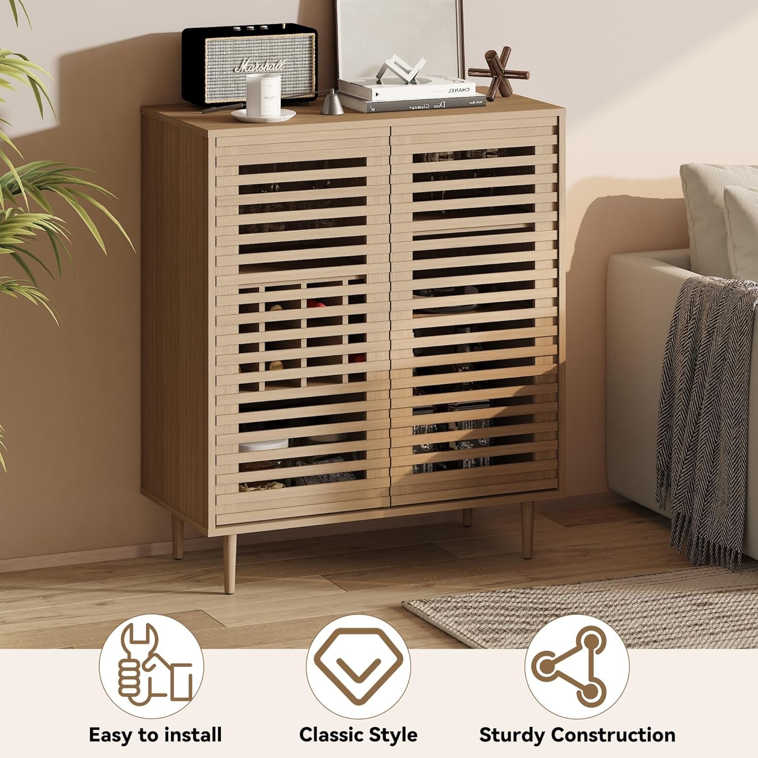 ZOSQUARE Mid Century Bar Cabinet with Wine Racks, Modern Liquor Cabinet with Slatted Doors for Dining Room, Living Room (Natural Color)