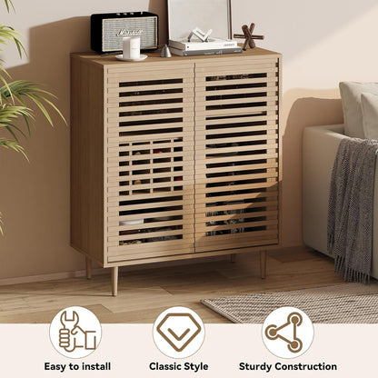 ZOSQUARE Mid Century Bar Cabinet with Wine Racks, Modern Liquor Cabinet with Slatted Doors for Dining Room, Living Room (Natural Color)