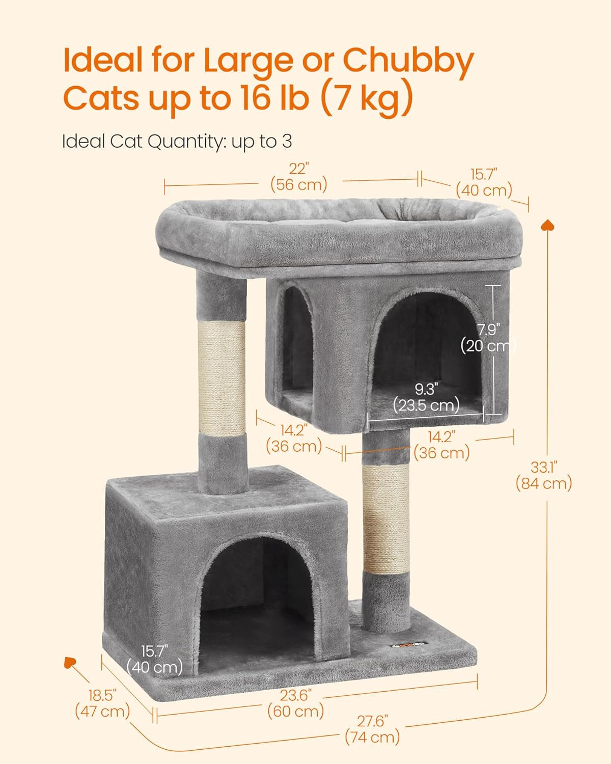 Feandrea Cat Tree, 33.1-Inch Cat Tower, Plush Condo for Large Cats up to 16 Lb, Large Perch, 2 Caves, Scratching Post, Light Gray UPCT61W