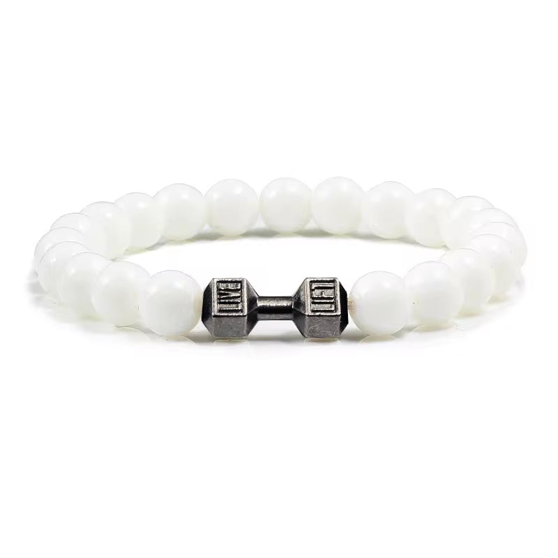ForgeFit™ Volcanic Stone Fitness Bracelet / Natural Volcanic Stone Bracelet Men Matte Black Lave White Beads Charm Dumbbell Strand Bracelets Women Barbell Fitness Jewelry