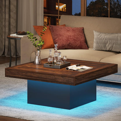 Tribesigns Coffee Table Square LED Coffee Table Engineered Wood Low Center Cocktail Tables for Living Room (Rustic Brown+Black)