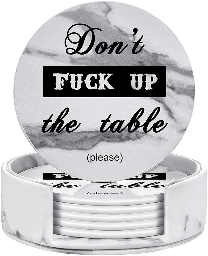 Funny Coasters, Thipoten 6 Pcs Leather Coasters with Holder, Perfect Housewarming Hostess Gifts, Protect Furniture from Water Marks Scratch and Damage(6Pcs, Black)