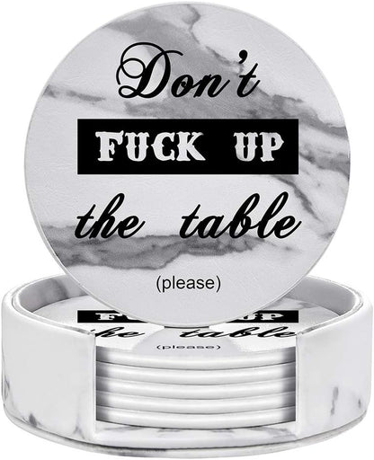 Funny Coasters, Thipoten 6 Pcs Leather Coasters with Holder, Perfect Housewarming Hostess Gifts, Protect Furniture from Water Marks Scratch and Damage(6Pcs, Black)