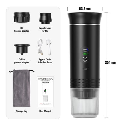 Portable Wireless Electric Espresso Coffee Maker for Car and Home - 3-in-1 Capsule and Ground Coffee Travel Machine
