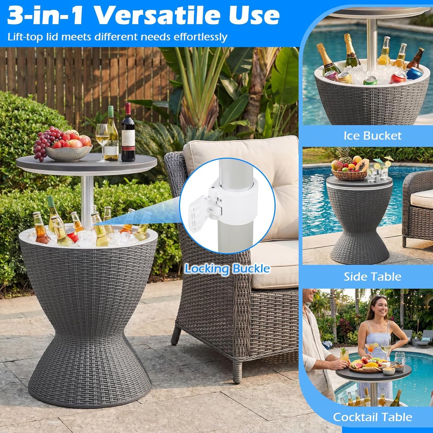 Tangkula Outdoor Cooler Table, Multi-Functional Cooler Bar Table, Adjustable Height Ice Cooler Side Table W/Drain Plug, 8 Gallon Beer & Wine Cooler, Rattan Style Patio Furniture for Pool Parties | Adjustable Height Ice Cooler Side Table W/Drain Plug, Beer & Wine Cooler, Rattan Style Patio Furniture for Pool Parties