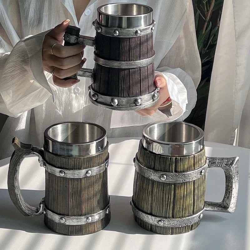 Viking Wood Style Beer Mug 3D Resin Stainless Steel Coffee Cup Wine Glass Metal Double Wall Mug Beer Jug Cup Thermal