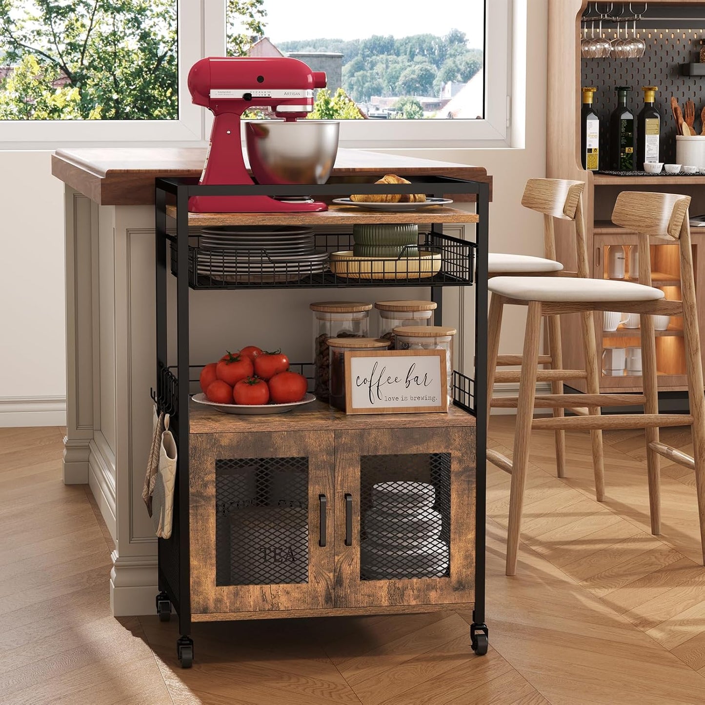 Hencawima Coffee Bar Cabinet, 3 Tier Coffee Station Table on Wheels, 35.9" H Bar Cart with Wire Basket Drawer & 5 Hooks for Home Kitchen, Liquor Buffet Sideboard Cabinet (Rustic Brown)