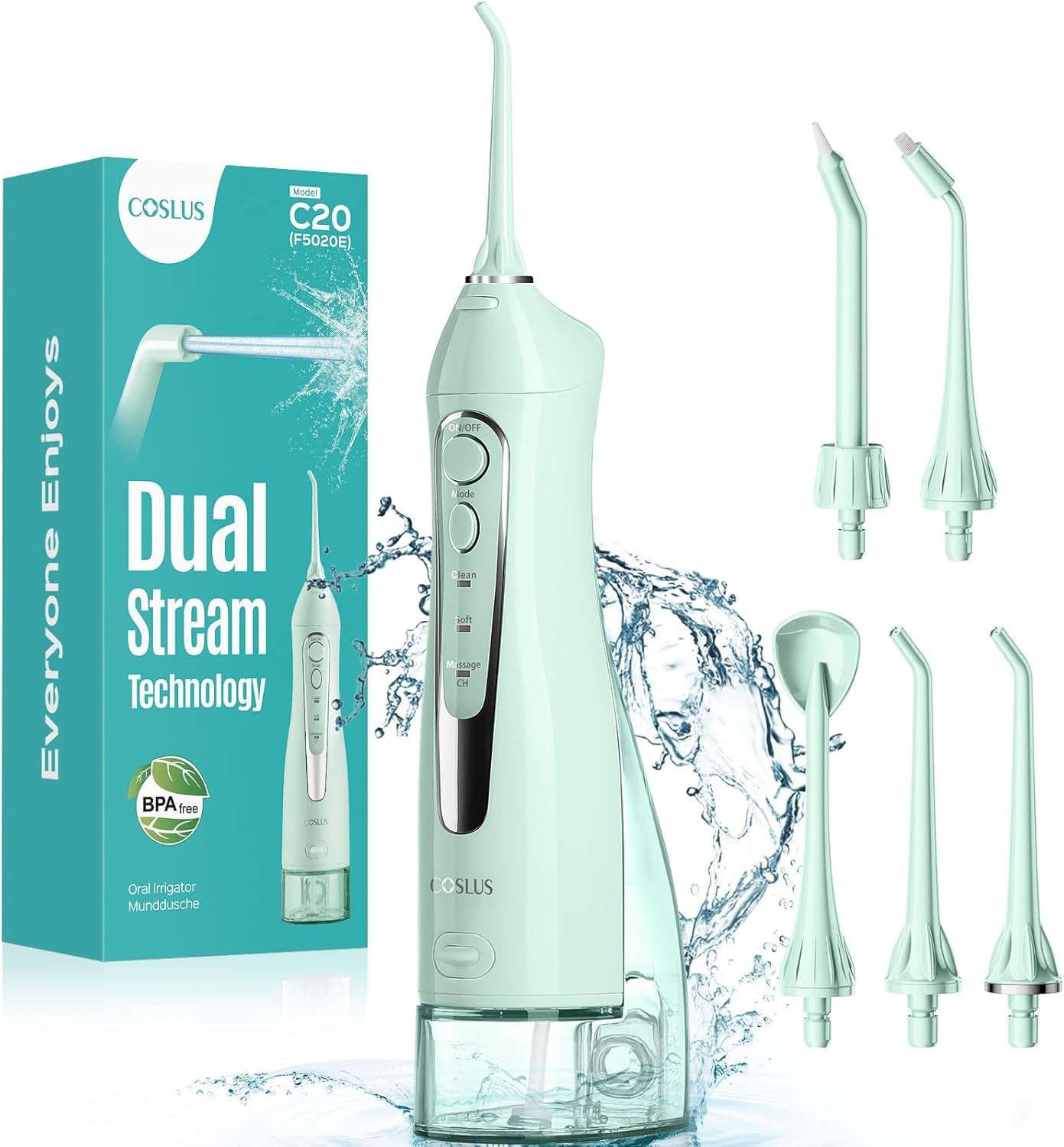 COSLUS Water Dental Flosser Teeth Pick C20: ADA Accepted, Portable Cordless Oral Irrigator 300ML Rechargeable Travel Irrigation Cleaner IPX7 Waterproof Electric Flossing Machine for Teeth, Black