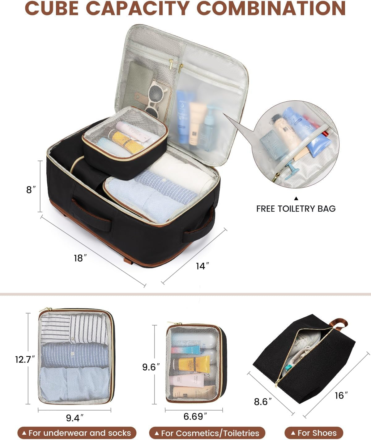 Travel Backpack for Women, 40L Carry on Backpack Flight Approved, Large Personal Item Bag Fits 17 Inch Laptop, TSA Approved Luggage with 3 Packing Cubes,Waterproof Weekender Gym Daypack