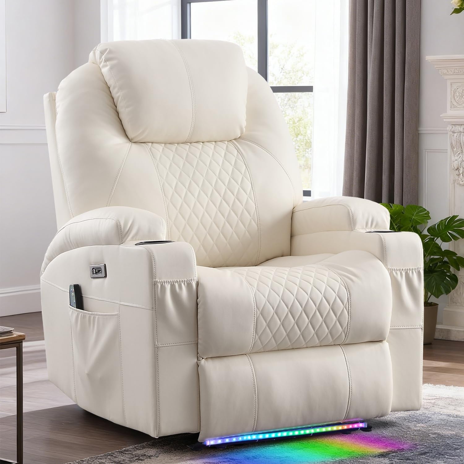 Power Recliner Chair with Heat and Massage for Adults - Home Theater Seating with LED Lights,Cup Holders,Side Pocket,Usb Port - Recliner Sofa for Living Room (Beige, Single Recliner)