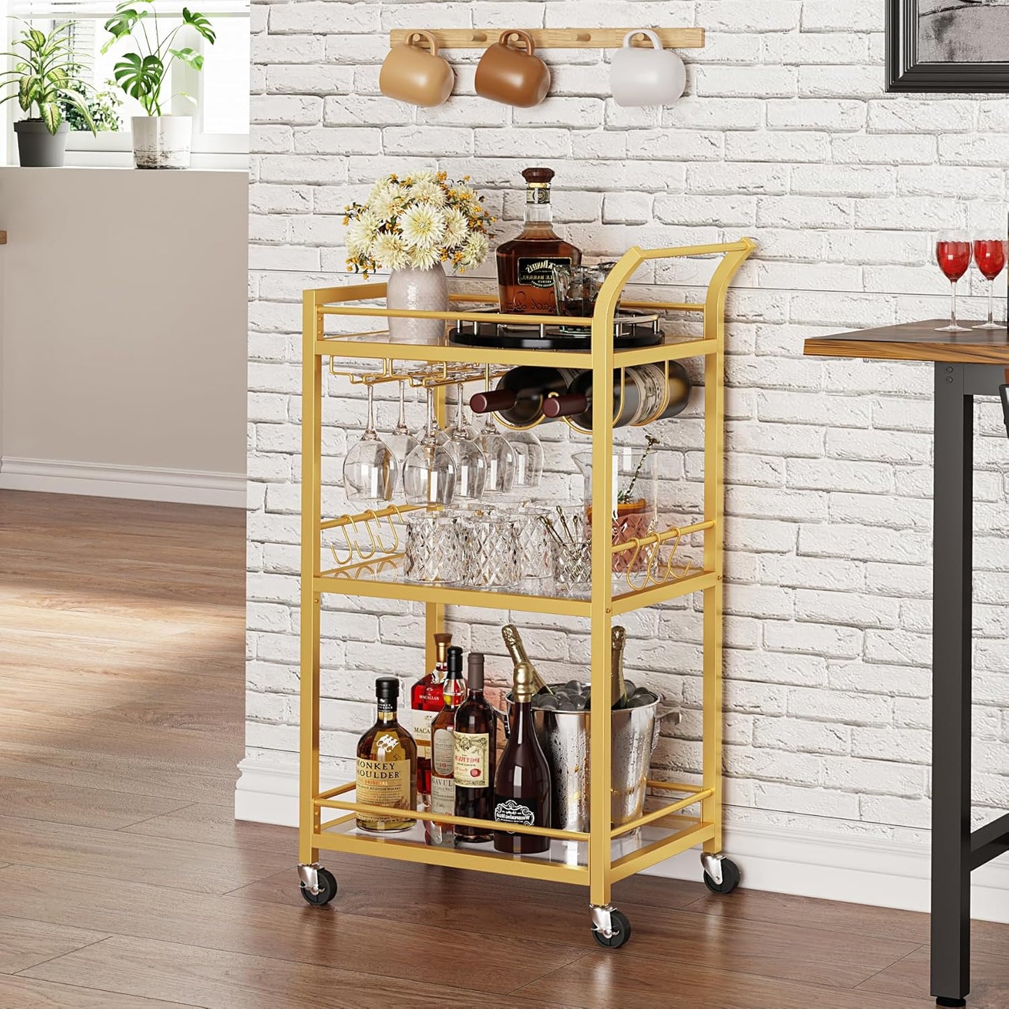 TUTOTAK Bar Cart, Home Bar Serving Cart with 3-Tier Mirrored Shelf, Wine Cart, Mobile Kitchen Shelf, Gold BC01BB034