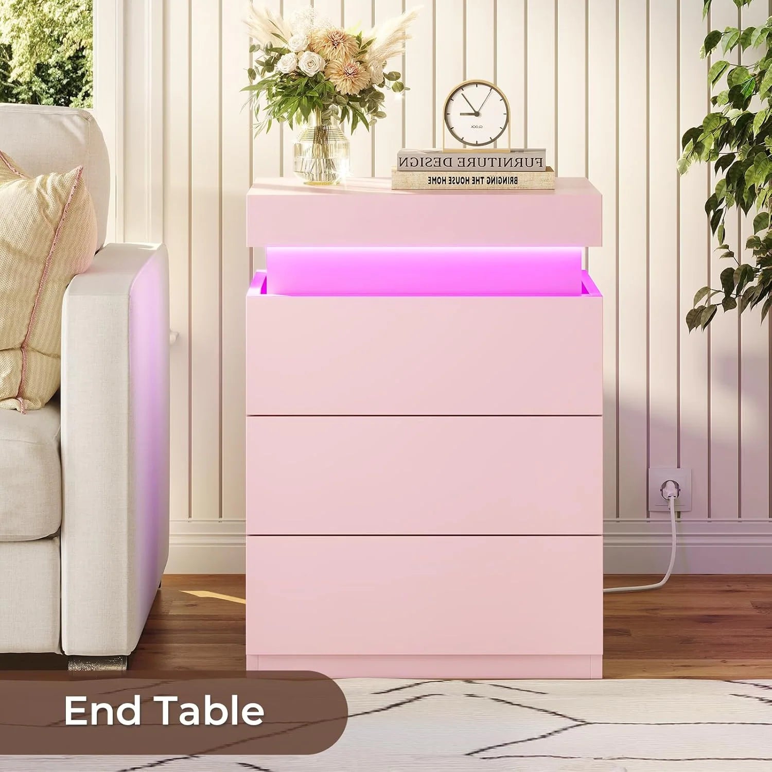 Bedroom Nightstand Charging Station LED Lights Sliding Top Drawers