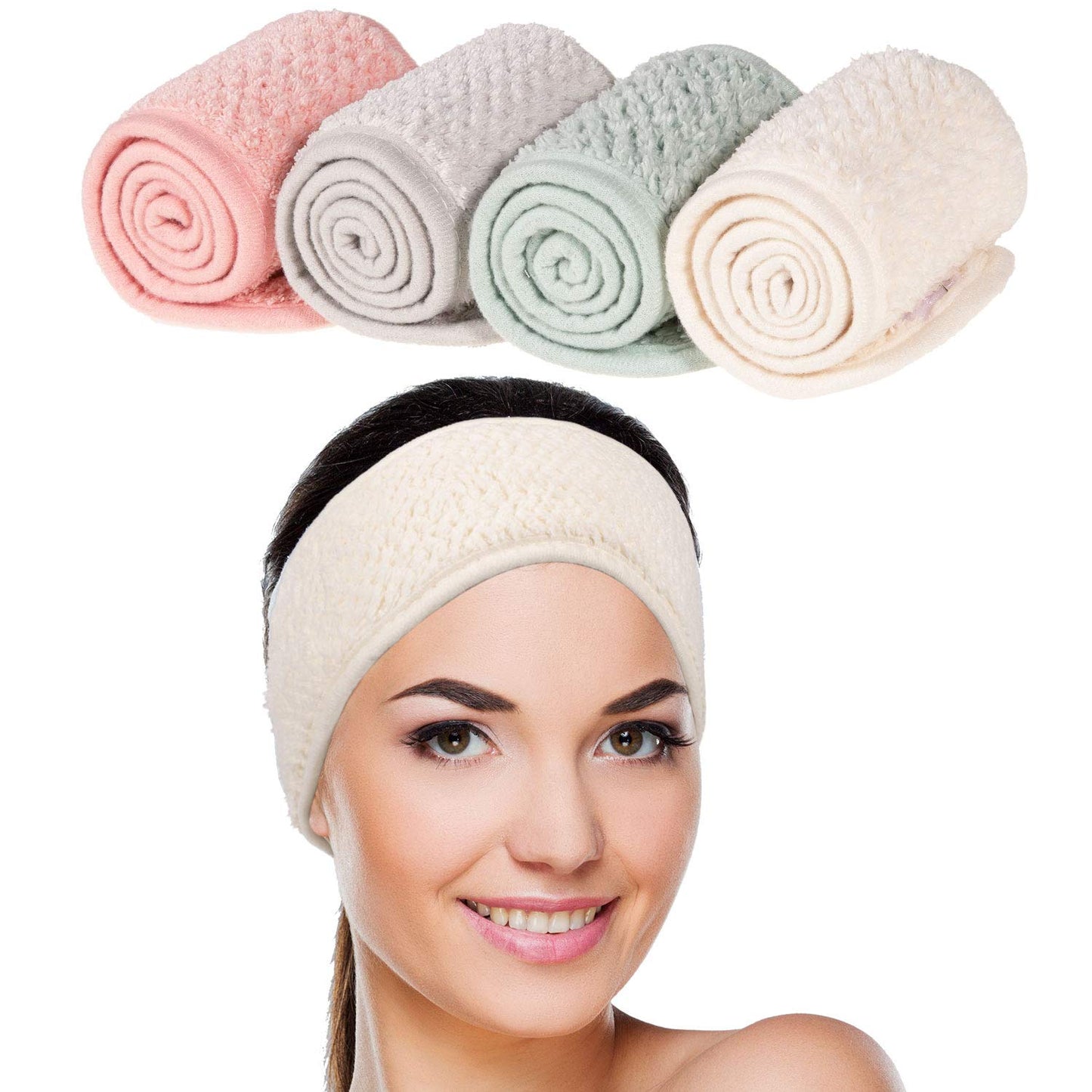 Whaline 4 Pack Spa Facial Headband, Pea Green, Pink, Beige, Light Gray | Makeup Hair Wrap, Adjustable Hair Band, Soft Towel Head Band, for Face Washing, Shower Sports Yoga