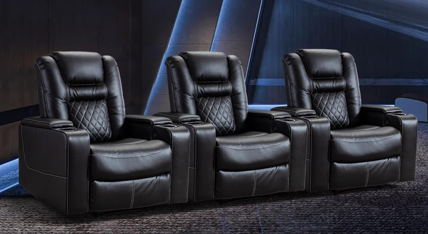CANMOV Electric Power Recliner Chair with USB Ports and Cup Holders, Breathable Leather Home Theater Seating with Hidden Arm Storage (Black)