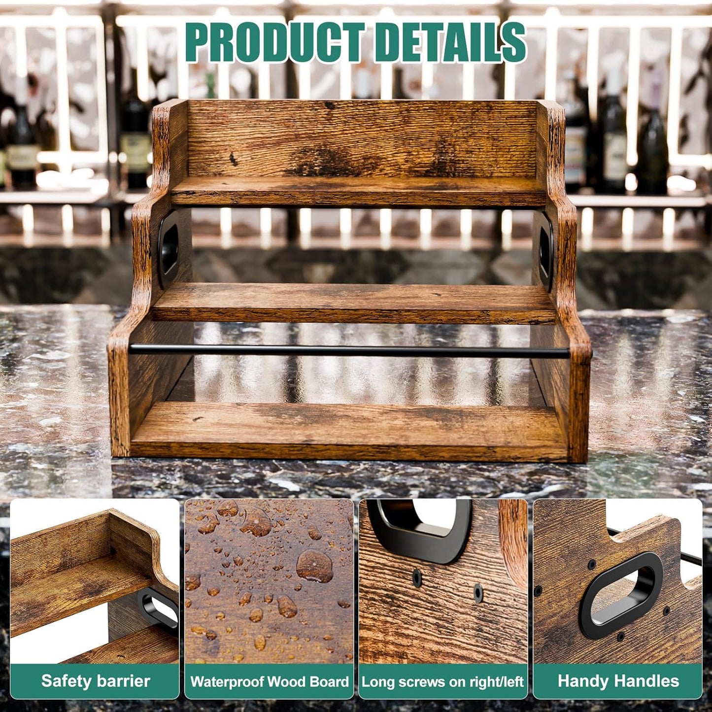 KLM Liquor Bottle Display Shelf, Coffee Syrup Rack Organizer, 3 Step Countertop Liquor Wine Rack, Mini Bar,Liquor Cabinet, Home Retro Bar Shelf Stand for Liquor Whiskey, Spirits