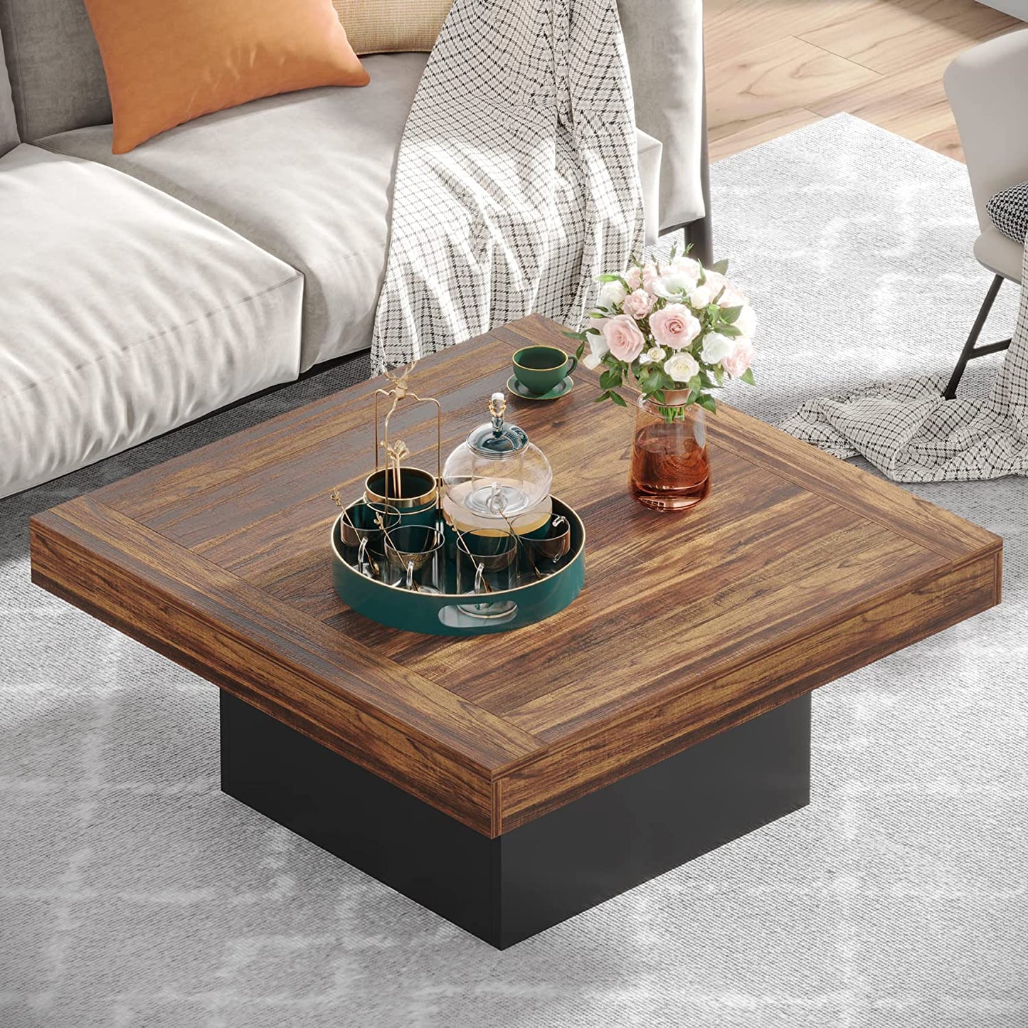 Tribesigns Coffee Table Square LED Coffee Table Engineered Wood Low Center Cocktail Tables for Living Room (Rustic Brown+Black)