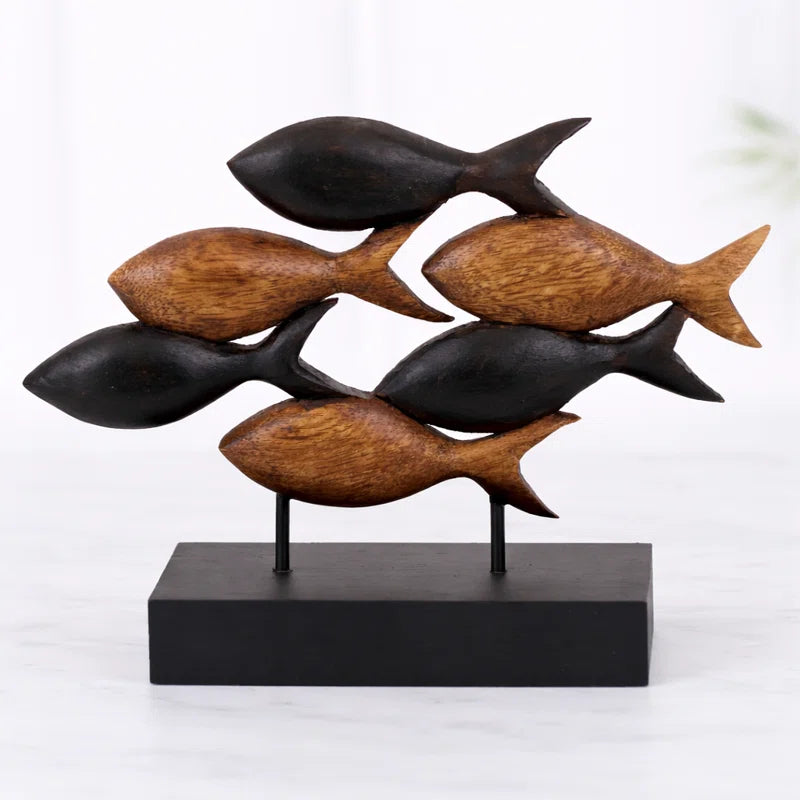 Macaulay School of Fish Sculpture Solid Acacia Wooden Sculpture 10 Inch Nature Sculpture Handmade Home Decor