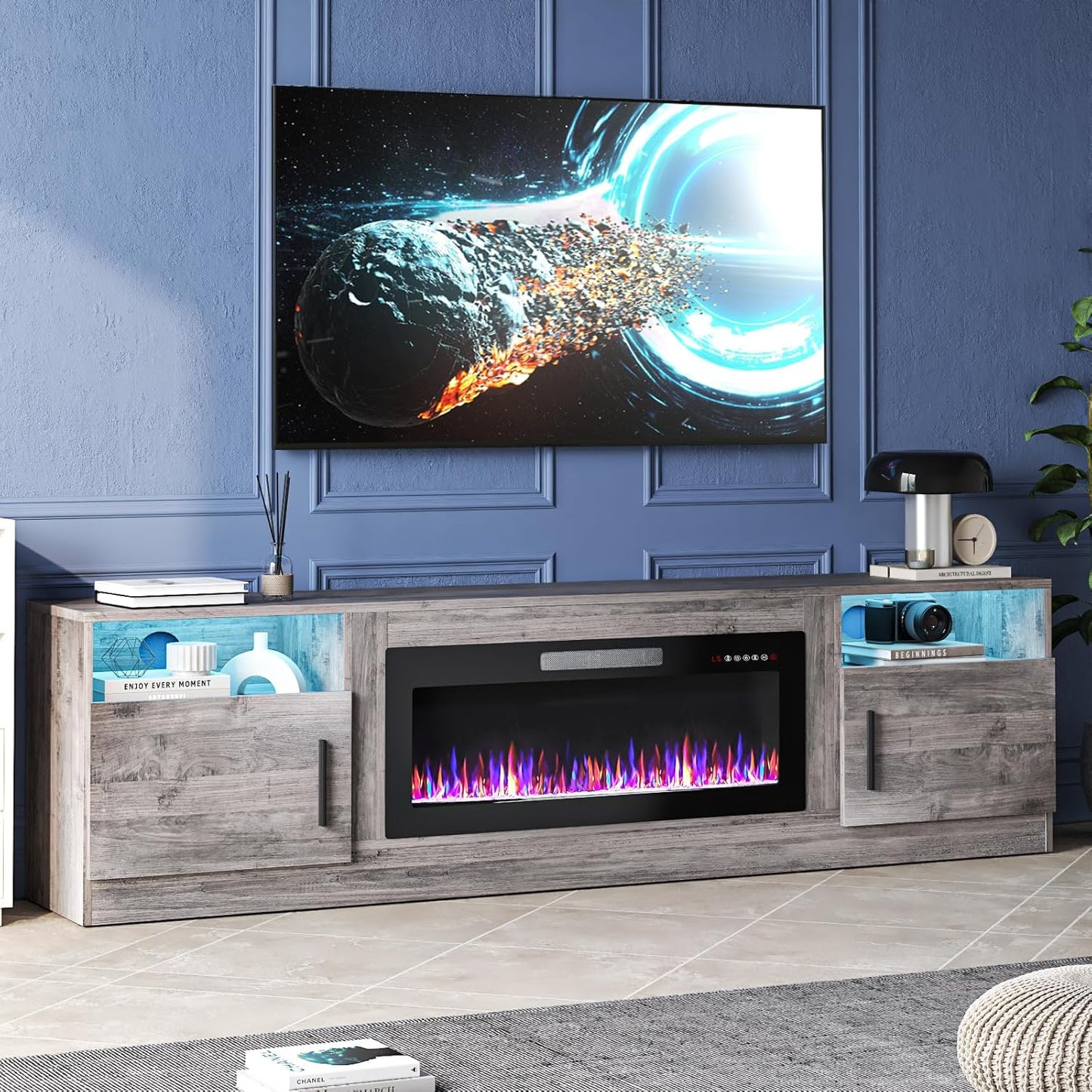 Tavata Fireplace TV Stand Entertainment Center with 36" Fireplace, 70" Wooden TV Console for Tvs up to 80", Modern TV Stands for Living Room with High Gloss Storage Cabinet and LED Lights (Grey)