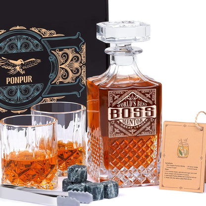 Gift Whiskey Decanter Set with 2 Glasses, Unique Cool Dad Birthday Gift from Daughter Son, Best Christmas Retirement Present for Man Father