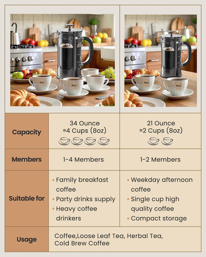 French Press Coffee Maker 34 Ounce 1 Liter, Borosilicate Glass Stainless Steel Brewer, Large Portable Cold Brew Cafetera Teapot for Kitchen Travel Camping Coffee Bar Accessories, Dark Pewter