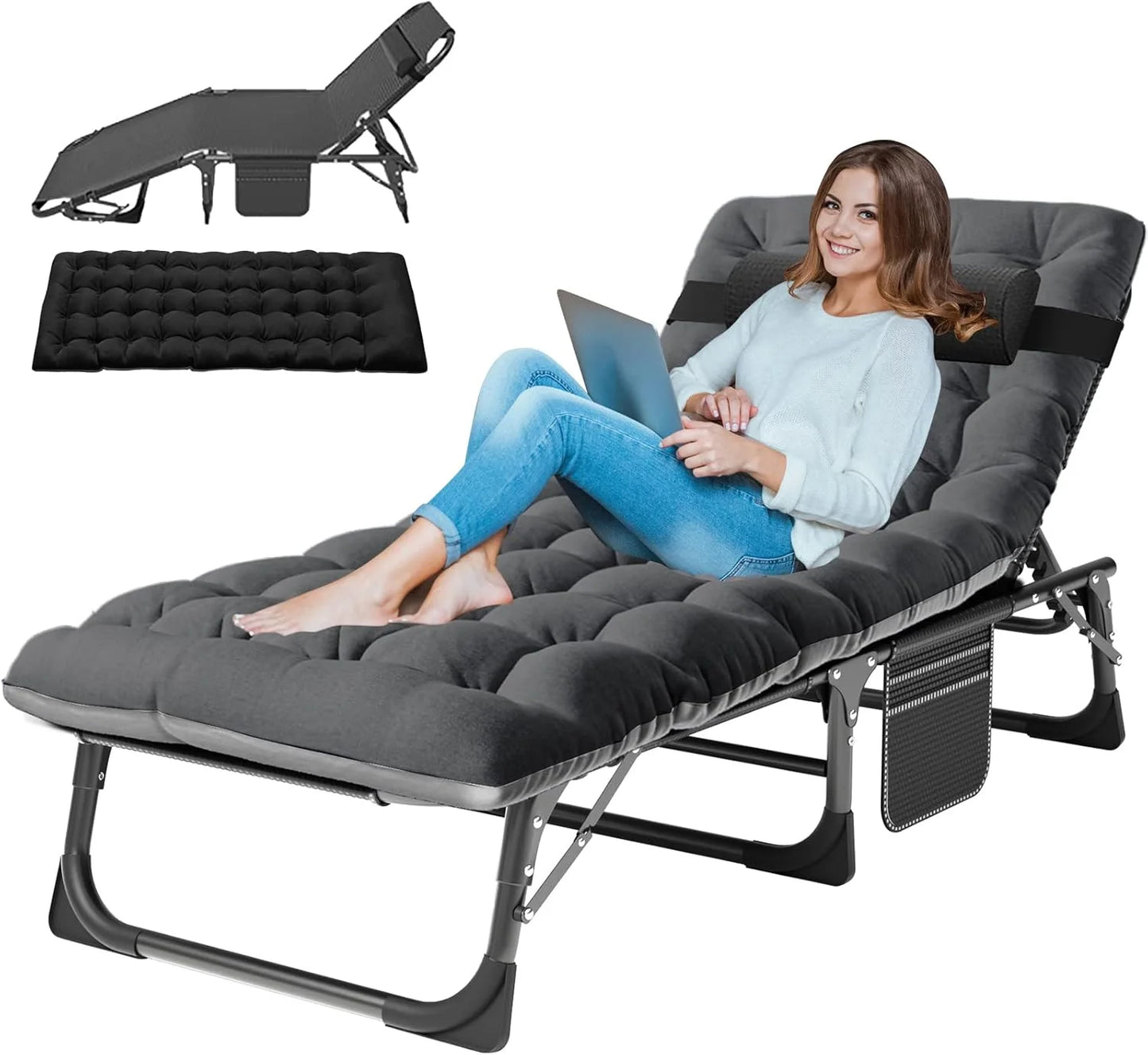 Slsy 3 in 1 Sun Tanning Chair Oversized with Mat & Face Arm Hole, 5-Position Heavy Duty Folding Chaise Outdoor Lounge Chair W/ Pillow, for Beach, Pool, Lawn, Yard, Patio