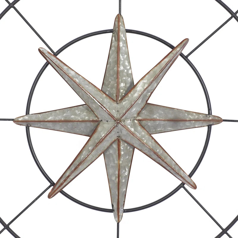 Metal Indoor Outdoor Compass Home Gray Wall Decor with Distressed Copper like Finish