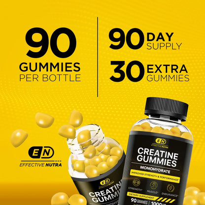 Effective Nutra Creatine Gummies for Men & Women - Creatine Monohydrate Gummies for Strength, Muscle, Energy - Natural Lemon Flavor (90Ct)