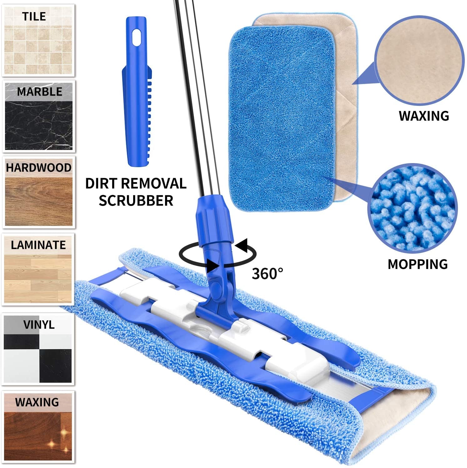 MR.SIGA Professional Microfiber Mop for Hardwood, Laminate, Tile Floor Cleaning, Stainless Steel Telescopic Handle - 3 Reusable Flat Mop Refills and 1 Dirt Removal Scrubber Included