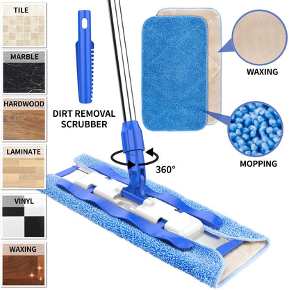 MR.SIGA Professional Microfiber Mop for Hardwood, Laminate, Tile Floor Cleaning, Stainless Steel Telescopic Handle - 3 Reusable Flat Mop Refills and 1 Dirt Removal Scrubber Included