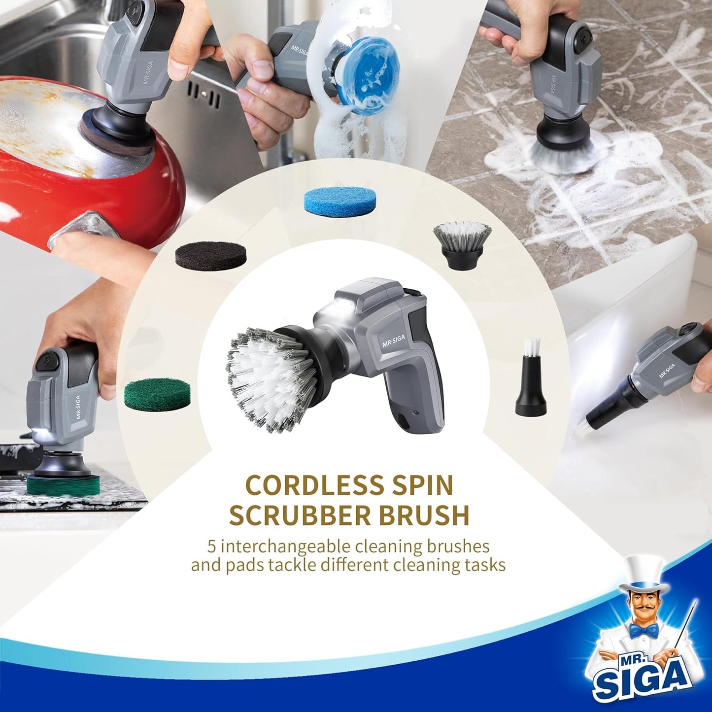 MR.SIGA Electric Spin Scrubber for Kitchen and Bathroom Cleaning, Waterproof Rechargeable Cordless Spin Scrubber with 5 Replaceable Cleaning Brushes and Pads