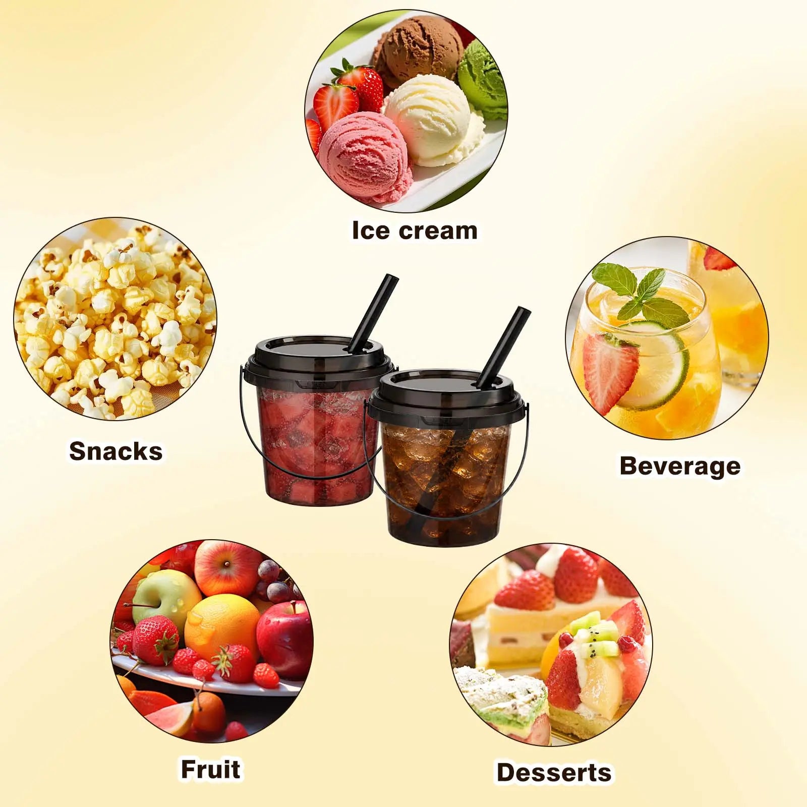 Kesaplan 30 Pack 24Oz Drink Buckets with Lids and Straws, Black Bucket Cups Reusable,Stackable,With Handle,Ideal for Iced Coffee,Bubble Tea,Lemonade,Holiday and Party Use